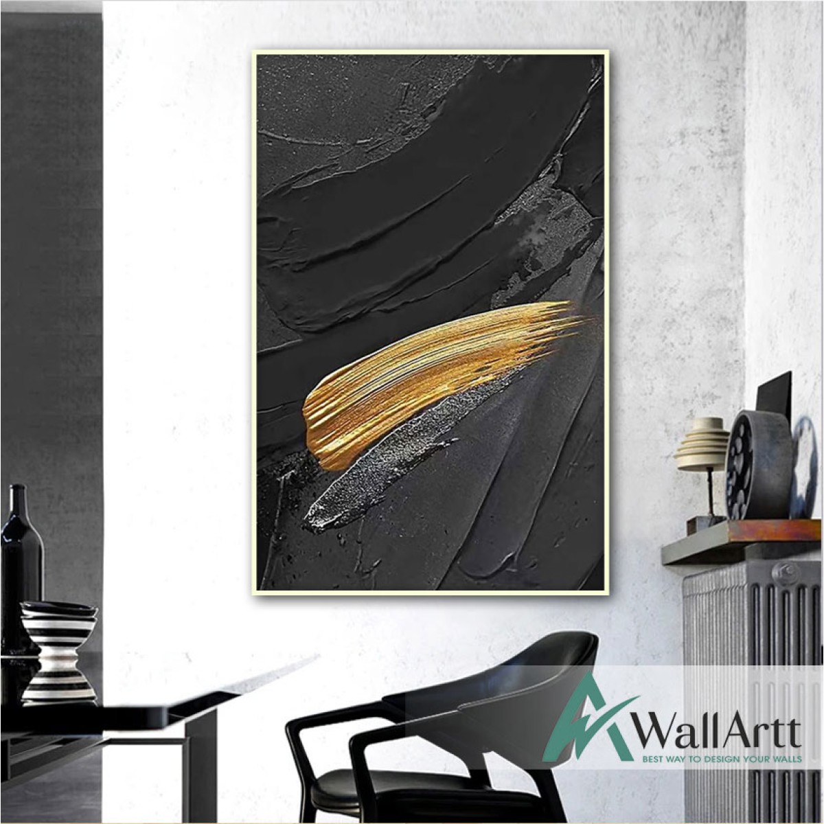 Abstract Gold on Black 3d Heavy Textured Partial Oil Painting